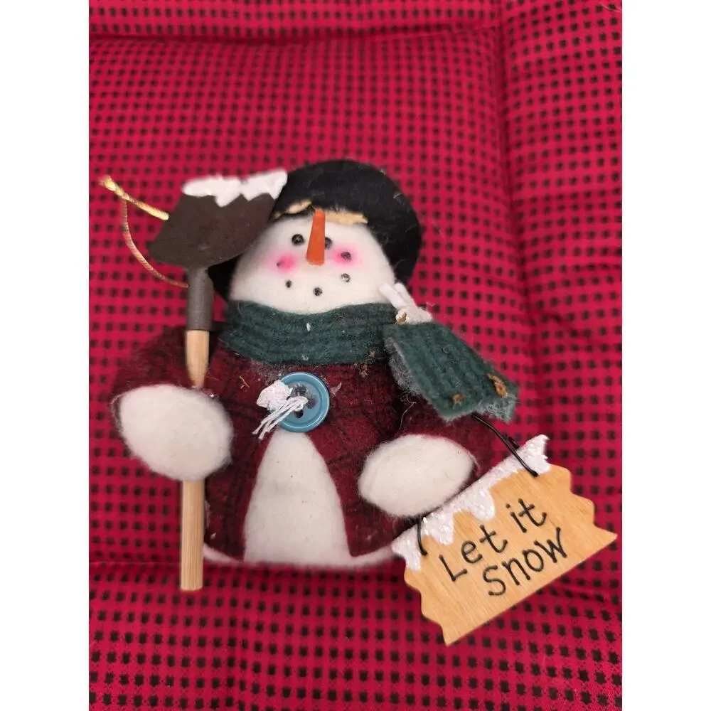 Vintage Country Primitive Snowman Christmas Ornament Let It Snow Shovel Button